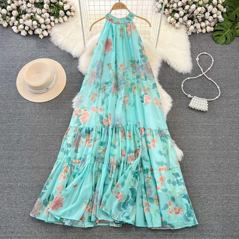 

Open Back Chiffon Elegance Large Swing Seaside Holiday Beach Dress Blue background pink flower One size