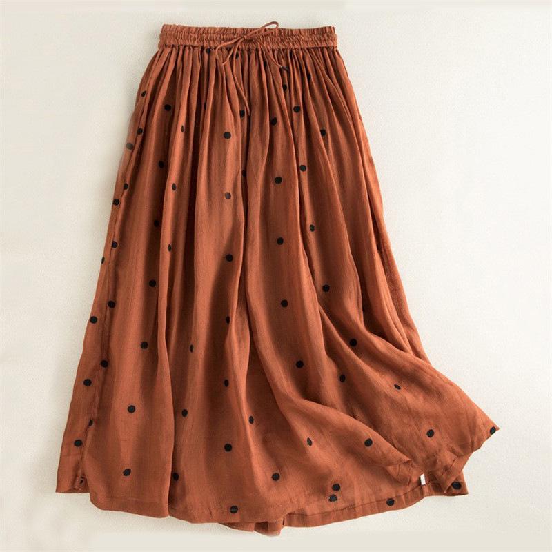 

2025 Spring/Summer Women s Cotton Linen Polka Dot Pleated Midi Skirt with Elastic Waist XL оранжевый