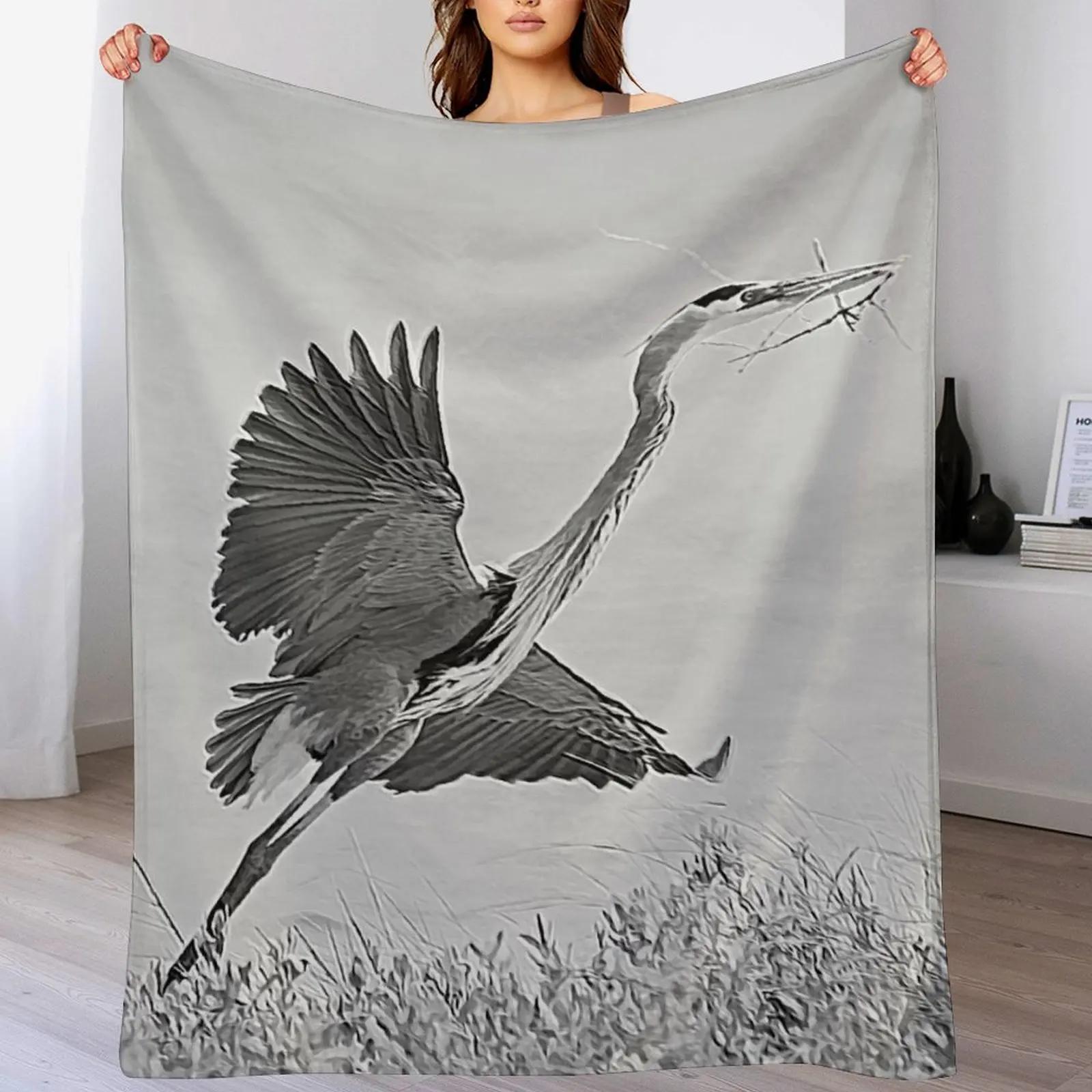 New Great Blue Heron Nest Building Time Black and White Throw Blanket Warm Comfortable Blanket Gift for Parents Friends Size: 75*100cm, Weight: 230 GSM