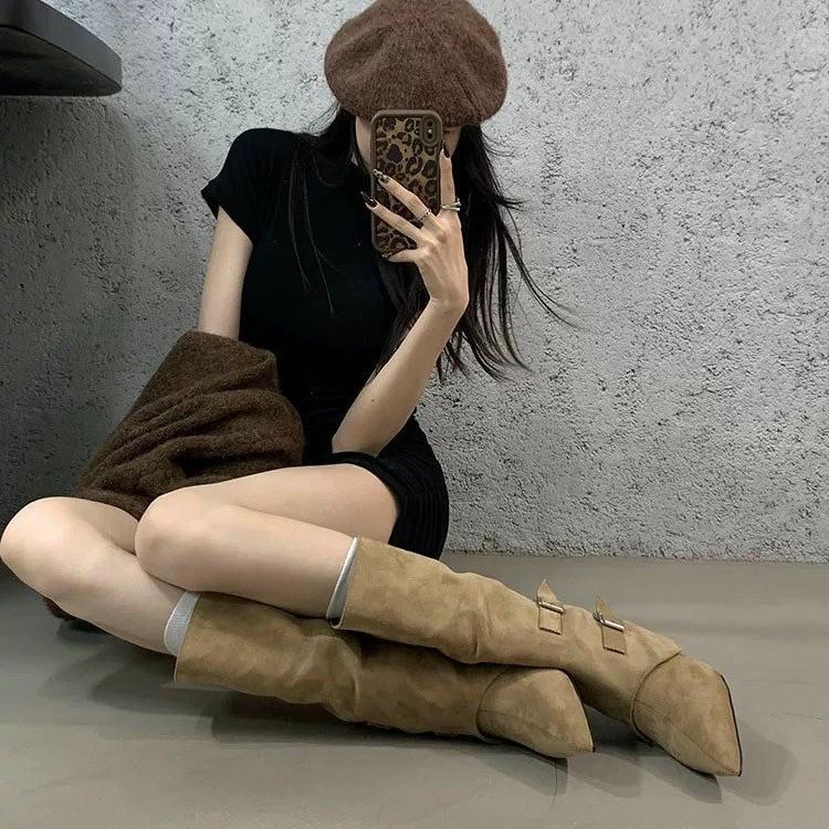 2025Vintage Suede Women Trouser Legs Boots Belt Buckle Slip On Shoes Autumn Winter Wedges Heel Ladies Long Booties