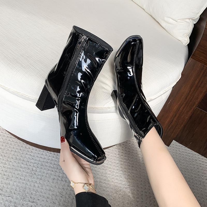 Suede thick heel high heels small short boots women's spring and autumn new Chelsea metal head thin boots Martin boots women