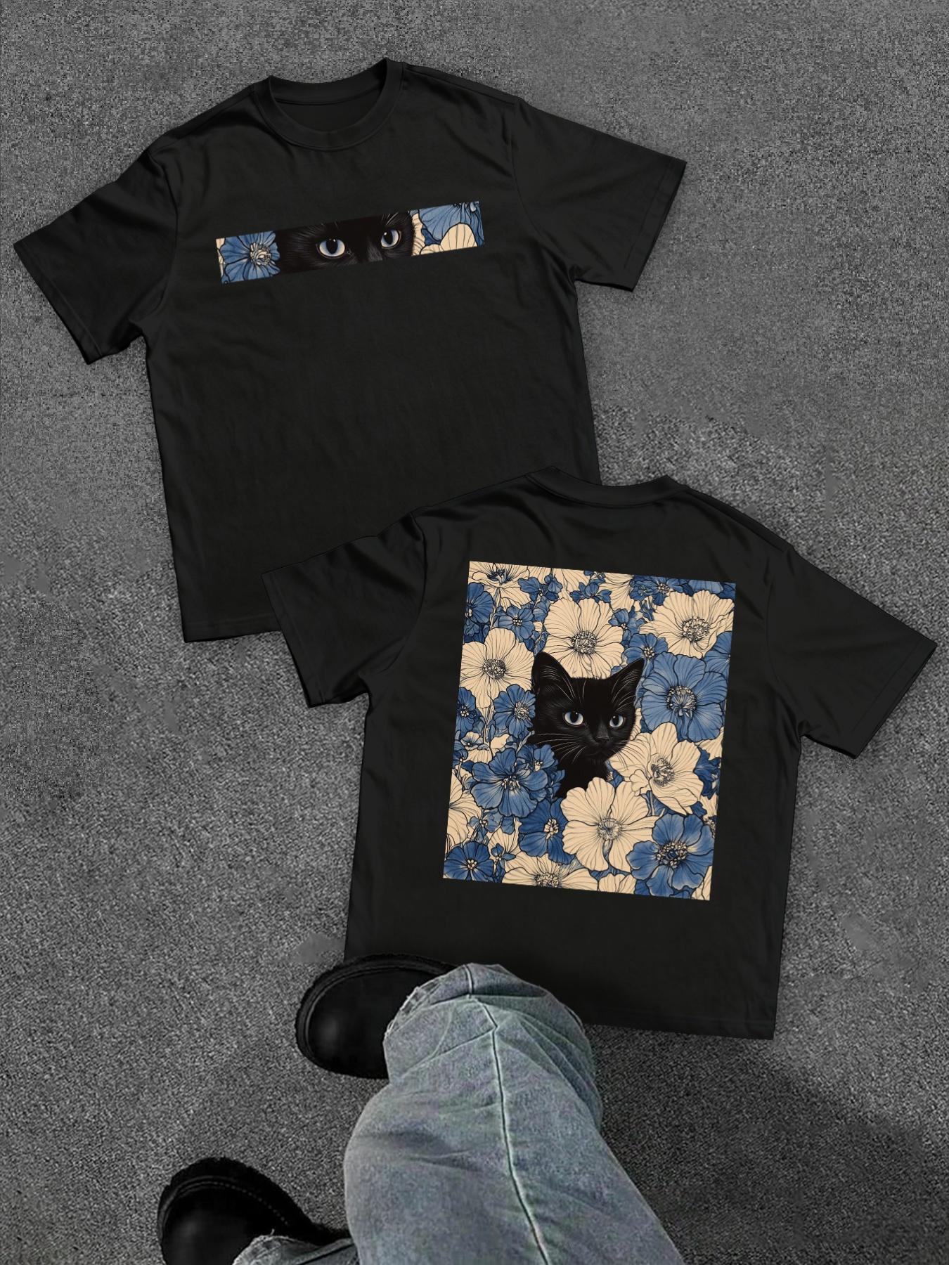 

Summer Men s Pure Cotton Vintage Cat Floral Print T-shirt Oversized Loose and Breathable Suitable for Everyday Wear S разноцветный