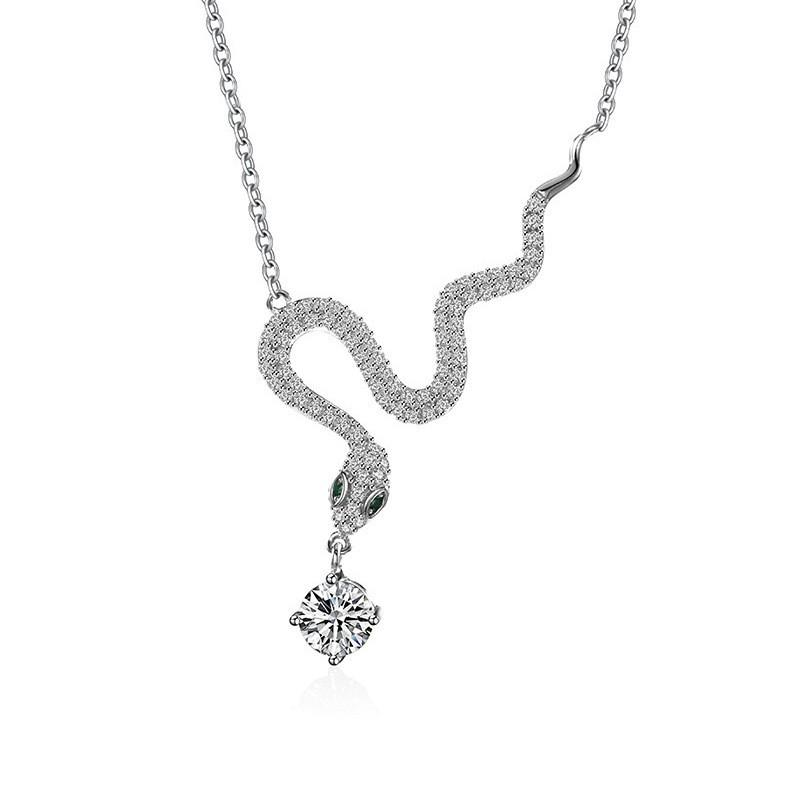 Sterling Snake Pendant Necklace With Moissanite Charm Women Elegant Zodiac Jewelry 41-50cm Cross Chain 50mm Moissanite Snake Pendant