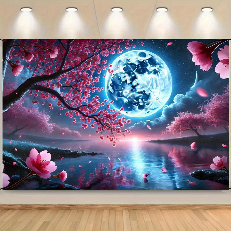 1 piece a vibrant background cloth of cherry blossom trees under the moonlight on a peaceful night