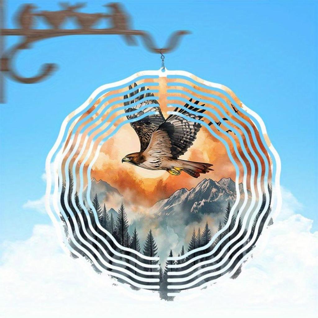 3D Adler Windspiel Kinetische Metallkunst für Außendekor Sonnenaufgang Waldszene Tanzeffekt Gartendekoration Einzigartig