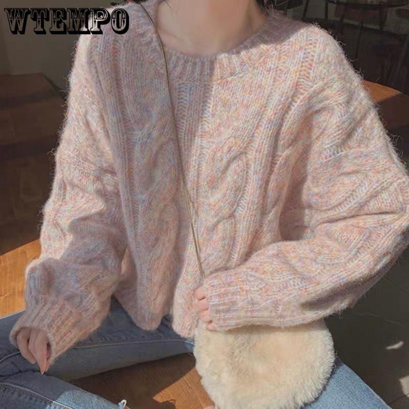 Rosa weicher Pullover für Damen, süße, lockere Oberbekleidung, Strickmode, Design Sense, kleiner Pullover, kurze Strickmode