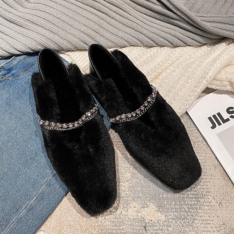 Fashion Rhinestone Chains Mink Fur Flat Shoes for Woman Square Toe Warm Plush Moccasins Crystal Band Furry Slip On Loafers Big Size 43