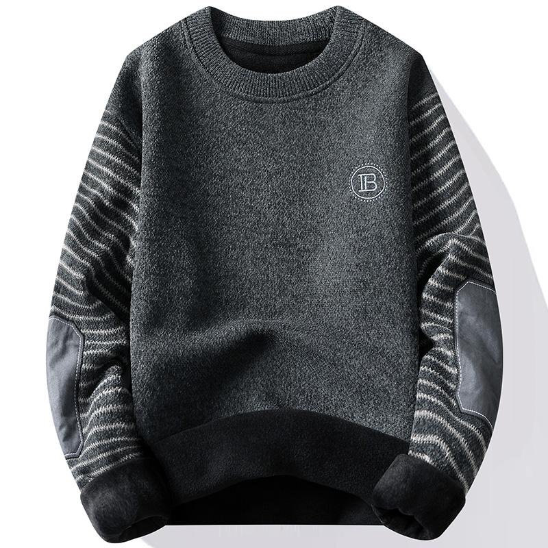Men's Sweater Patckwork Round Neck Pullovers Fleece Lined Thick Warm Winter Knitwear Fashion Jumpers Men's Clothes