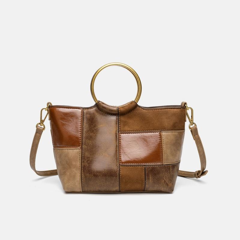 

Winter Casual Simple Color Blocked Handbag Retro Splicing Soft Leather Shoulder Bag Metal Handle Commuting Tote Bag кофейный