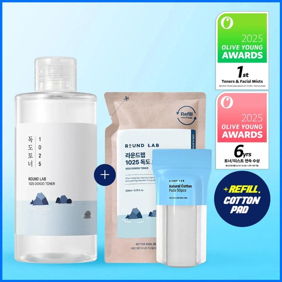 

[+Refill/Cotton pad] ROUND LAB 1025 Dokdo Toner 200ml Refill Set +Refill/Cotton pad