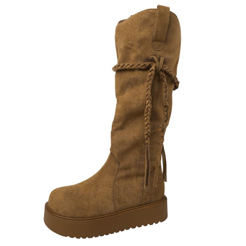 Design Sense Braid Tassel Boots Knight Boots Women's Autumn and Winter Retro Wasteland Wind But Knee Thin Pile Boots Tide
