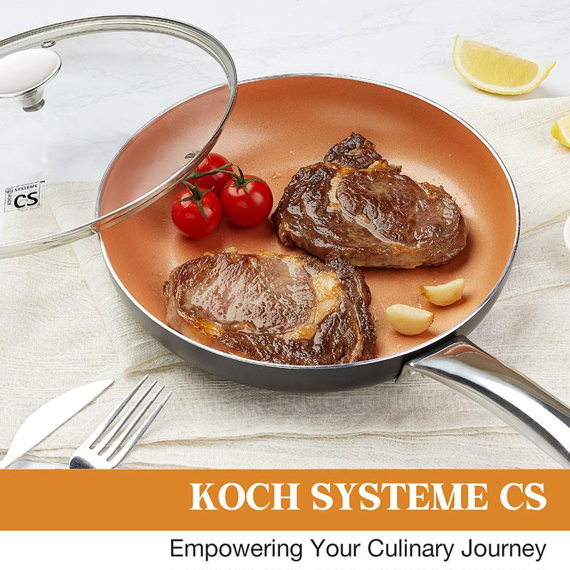 8"10" Copper Nonstick Frying Pan with Lid Titanium Ceramic Interior Saute Pan Omelet Pan Kitchen Cooking Skillet Cookware