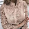 Women's Long Sleeve Blouse Round Neck Hollow Lace Spliced Single Breasted Elegant Commuter Shirt