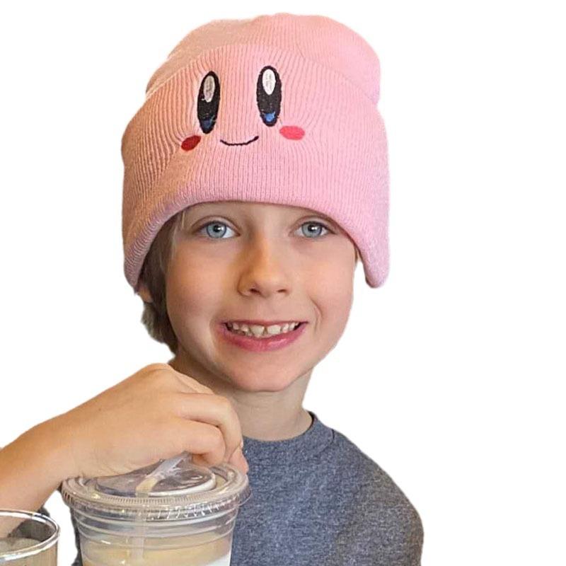 Autumn and Winter Student Unisex Kirby Woolen Hat with Cute Smiley Face and Eye Embroidery, Warm Pullover Hat