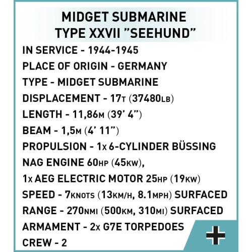COBI Historical Collection German Maritime Museum WWII U-Boat XXVII SEEHUND Submarine, Navy