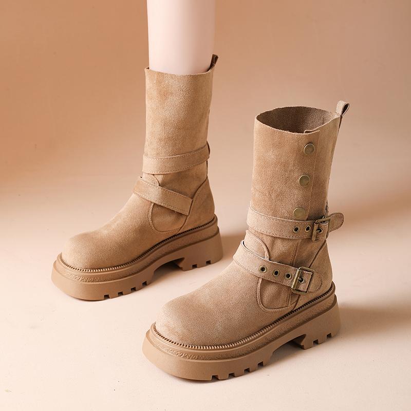 Modne Uniwersalne Dwuczęściowe Skórzane Buty na Platformie Podwyższające, Retro Sznurowane Buty Kowbojskie z Klamrą, Krótkie Buty Motocyklowe