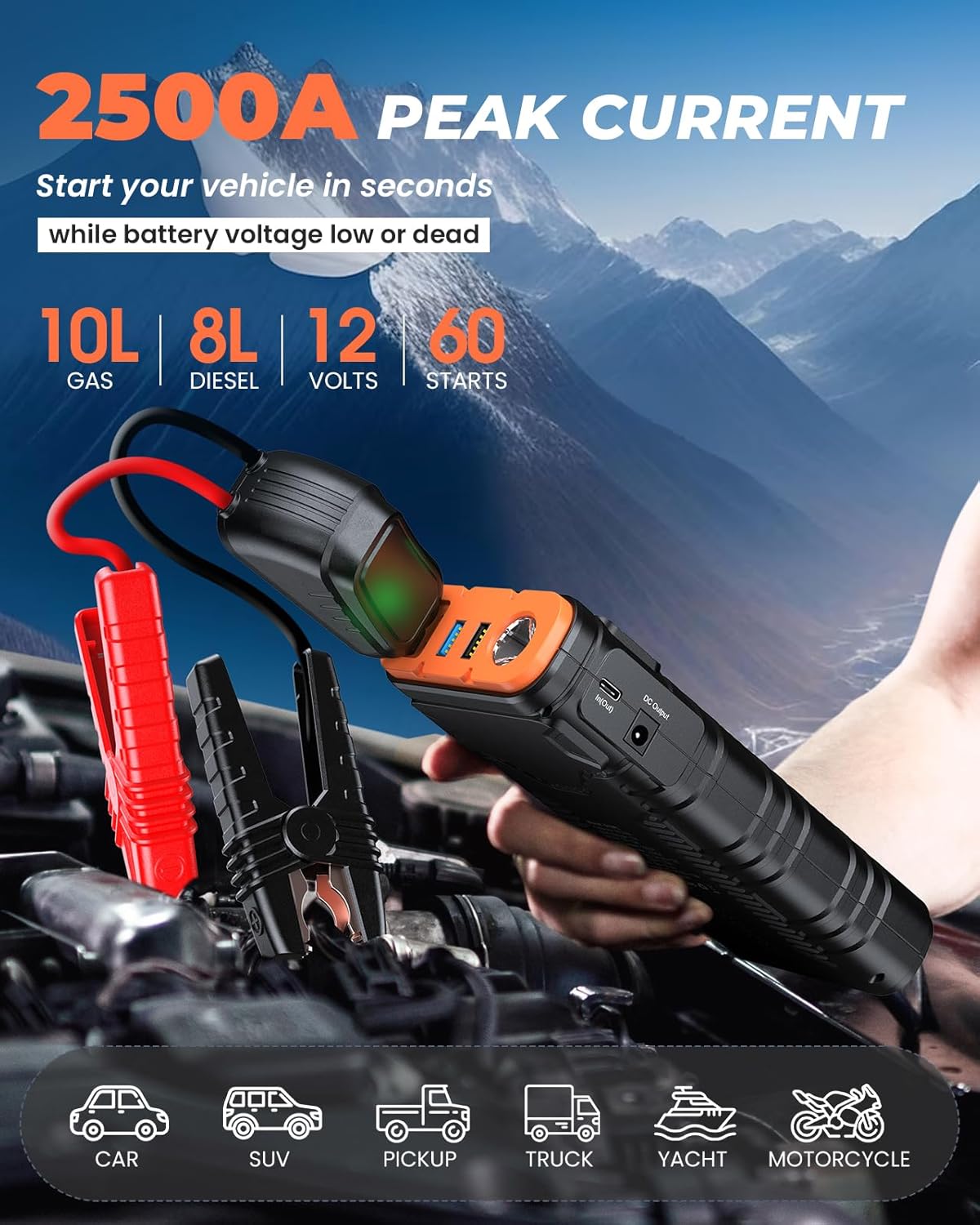 

Car Jump Starter 2500A, 12V Portable Jump Box with USB, LCD Display, LED Light, for Engines up to 10.0L Gas & 8.0L Diesel United States