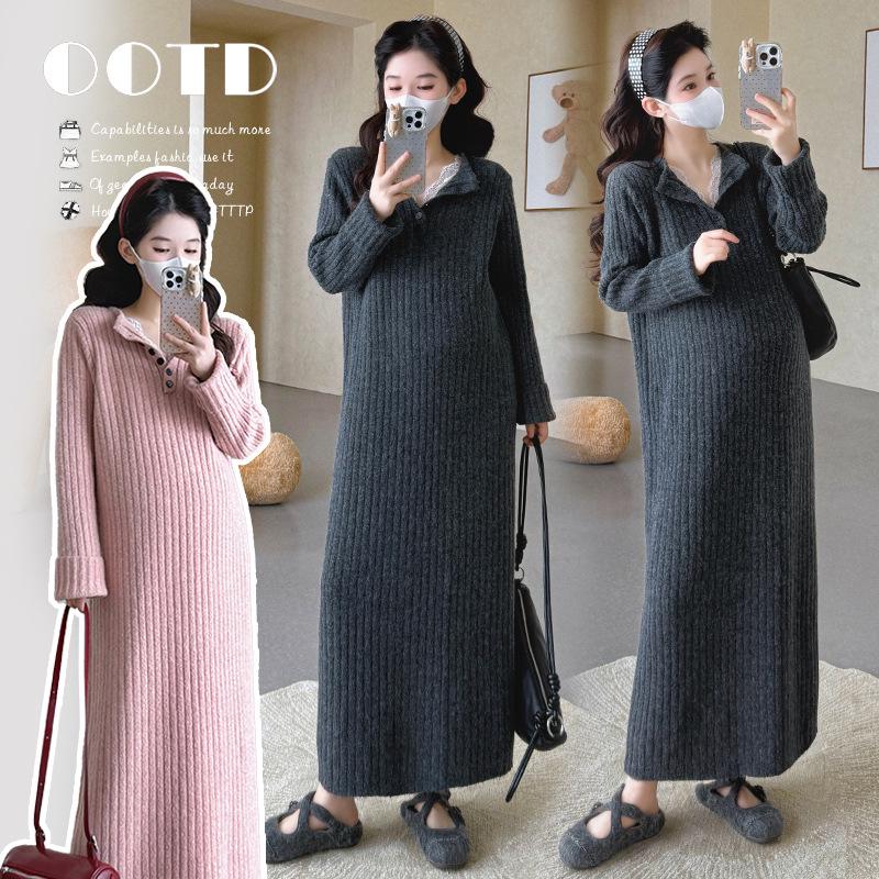 2025 Winter Maternity Lace Patchwork Knit Midi Dress L