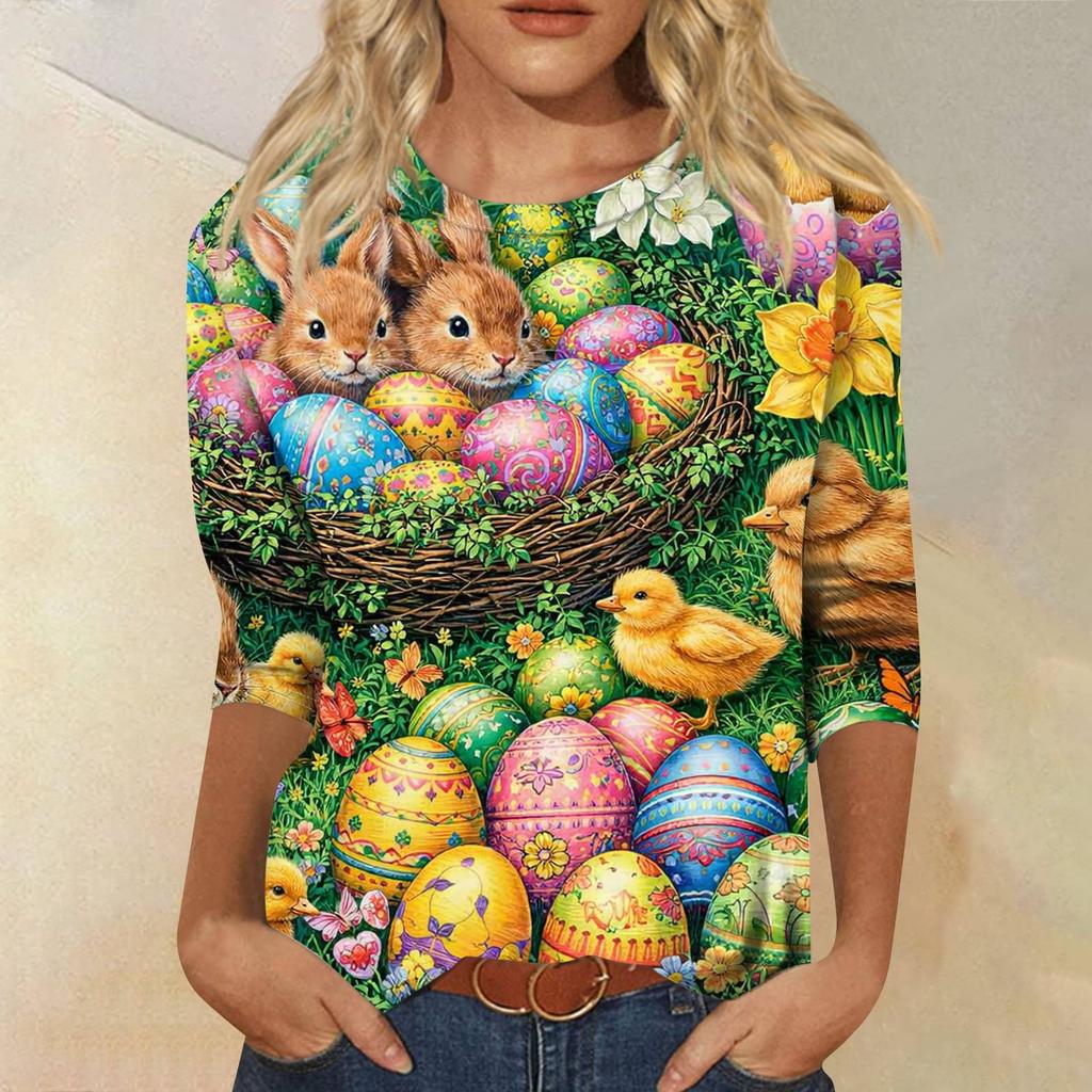 Top da donna casual con stampa di elementi pasquali, girocollo
