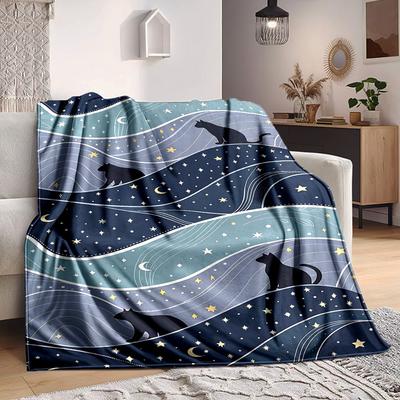 1pc Night Cats Lightweight Flannel Blanket, Comfortable and Warm Blanket, for Office and Camping Sofa Bed, Livingroom172