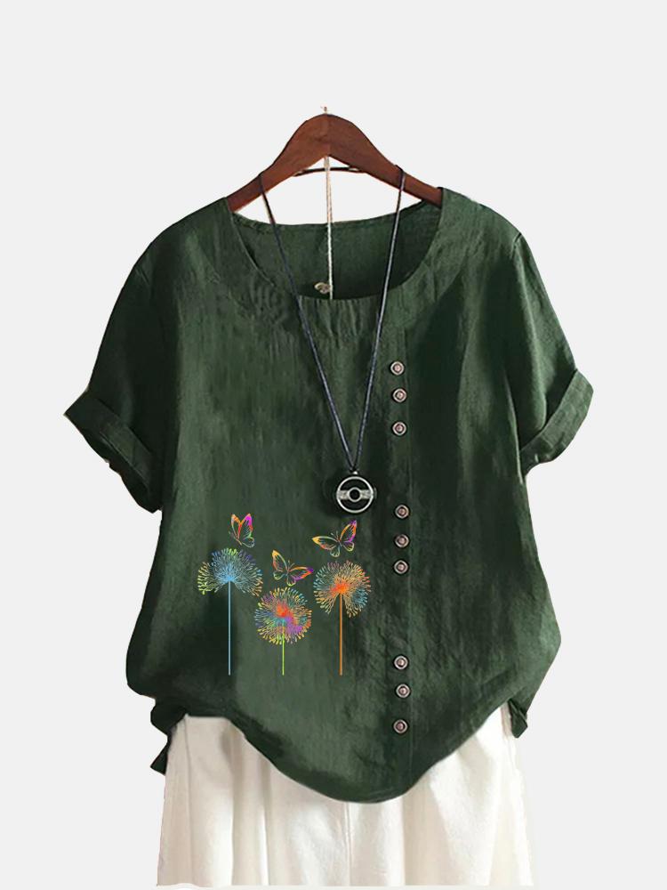 Women Fashion Round Collar Top Floral Print T-shirt Casual Short Sleeve Top Ladies Loose Blouse