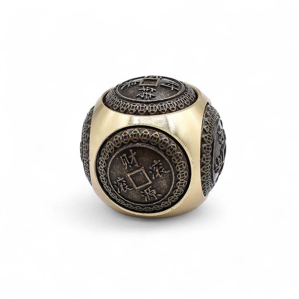 Rounded Brushed Brass Feng Shui Prosperity Coin Dice