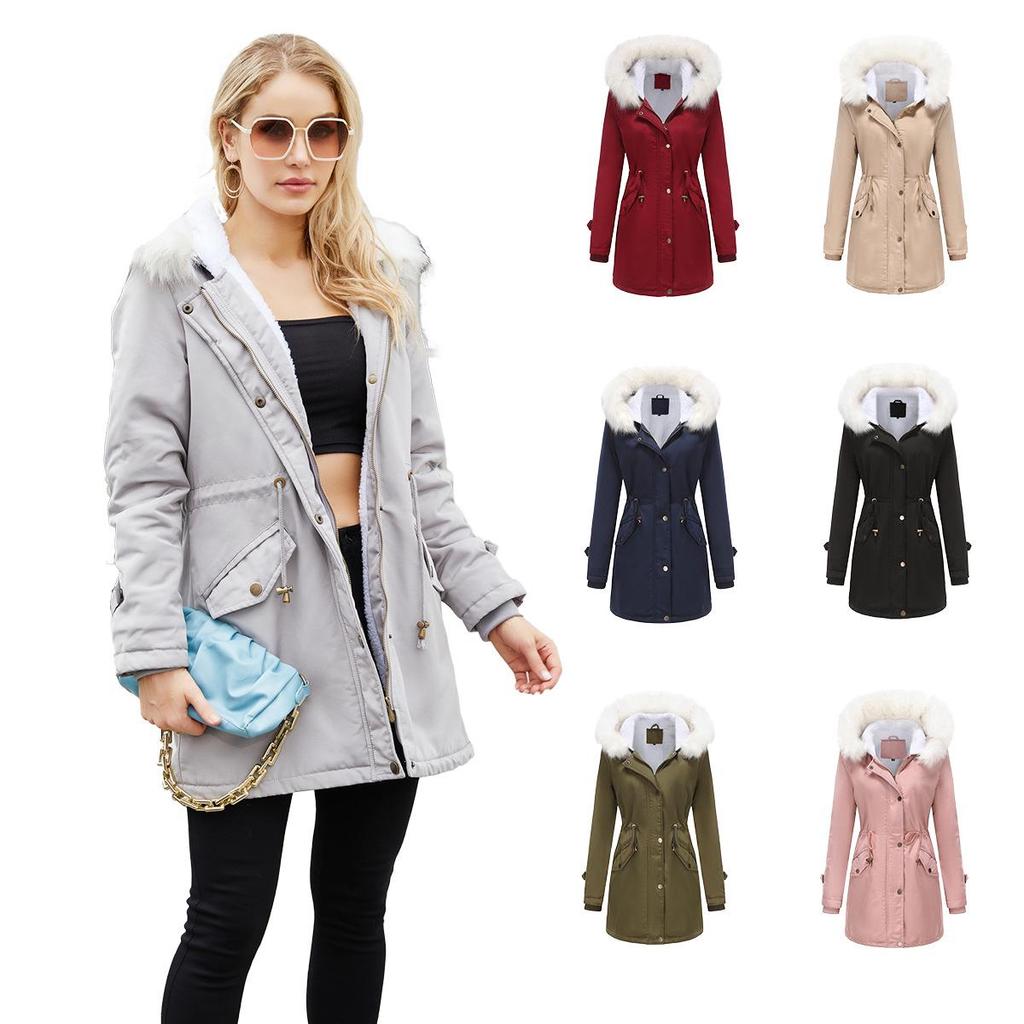 2023 Women's Detachable Fur Collar Parka: Long Sleeve Hooded Cotton Coat with Fleece Lining for Autumn/Winter