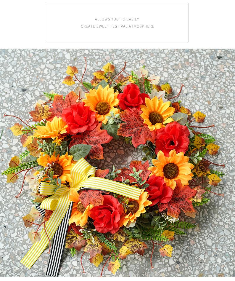 Autumn Harvest Sunflower & Maple Leaf Wreath for Thanksgiving Doorway Decoration