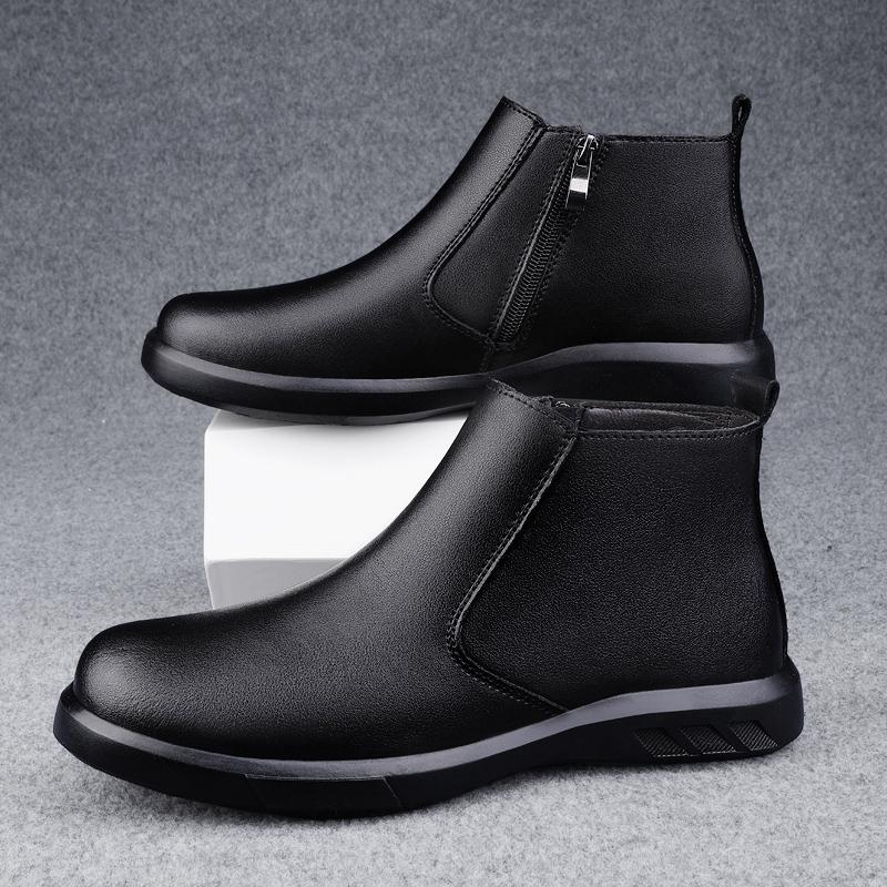 Fashion Genuine Leather Mens Chelsea Boots Comfortable Ankle Boots Fashion Winter Plush Snow Botas Outdoor High Top Shoes Business Boots