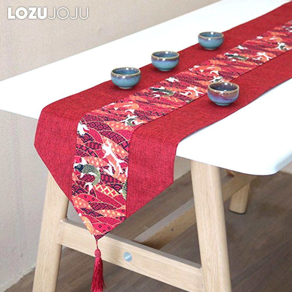 1PC LOZUJOJU Red Chinese Style Festive Retro Cotton and Linen Printed Table Runner for Dining Table Coffee Table Home Decor