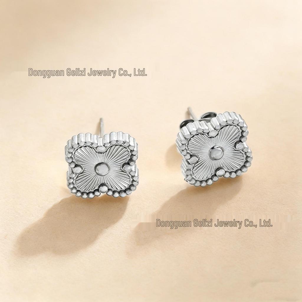18K Engraved Stainless Steel Four-Leaf Clover Jewelry Set: Necklace, Bracelet, and Earrings