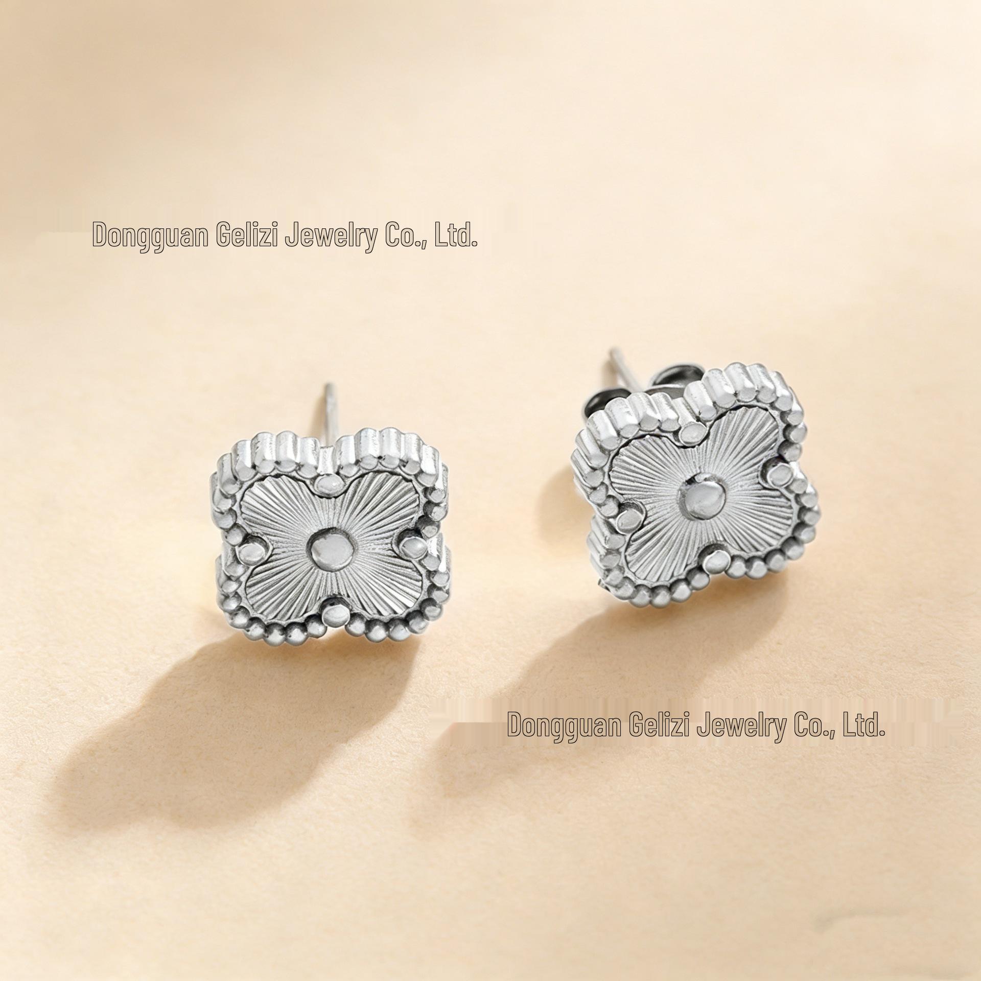 18K Engraved Stainless Steel Four-Leaf Clover Jewelry Set: Necklace, Bracelet, and Earrings