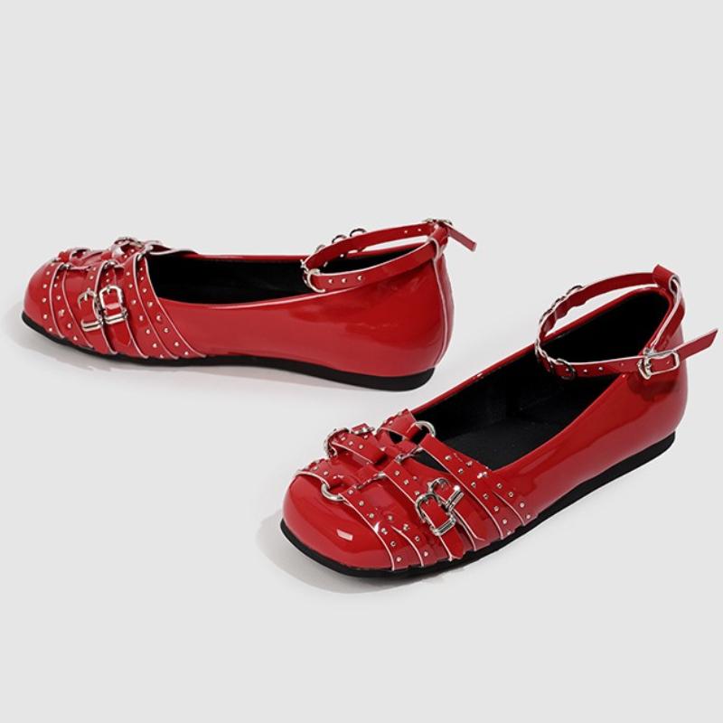 Fashion Fashion Metal Rivets Buckle Mary Jane Flats Women Punk Style Brand Designer Shoe High Quality Patent Leather Ankle Lace Up Flats