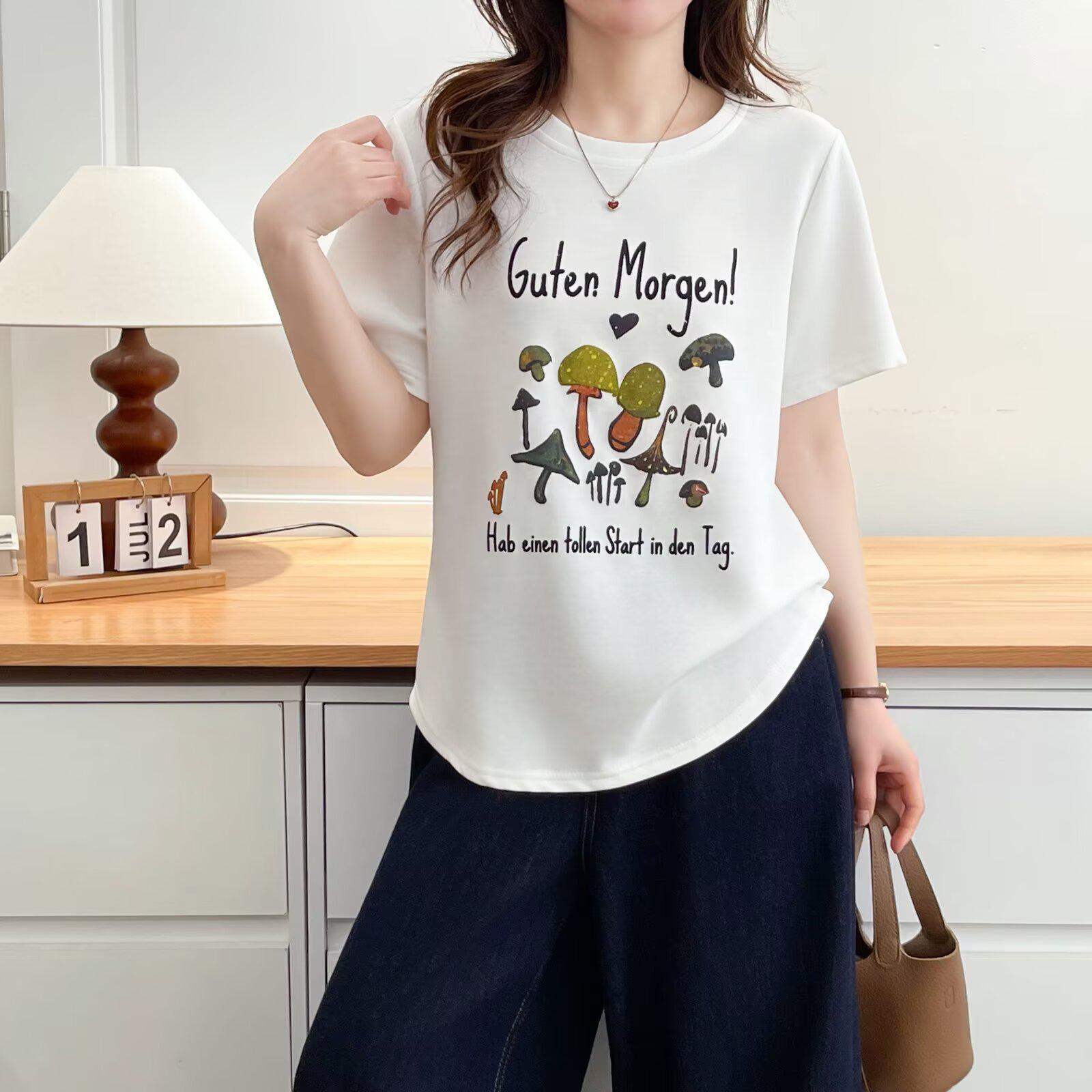 

2026 New Summer Cartoon Mushroom Print Women s Round Neck Plus Size Casual Half Sleeve T-shirt XXXL білий