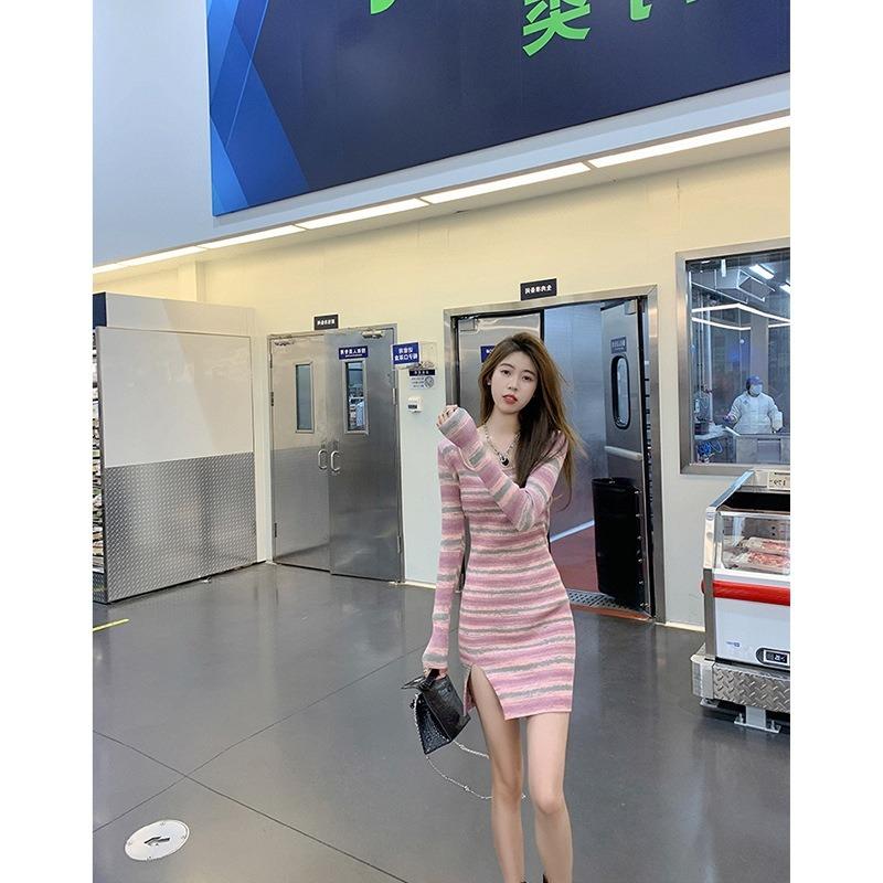Pure desire style sexy split square neck striped dress femininity fashion slim and thin knitted dress spring new