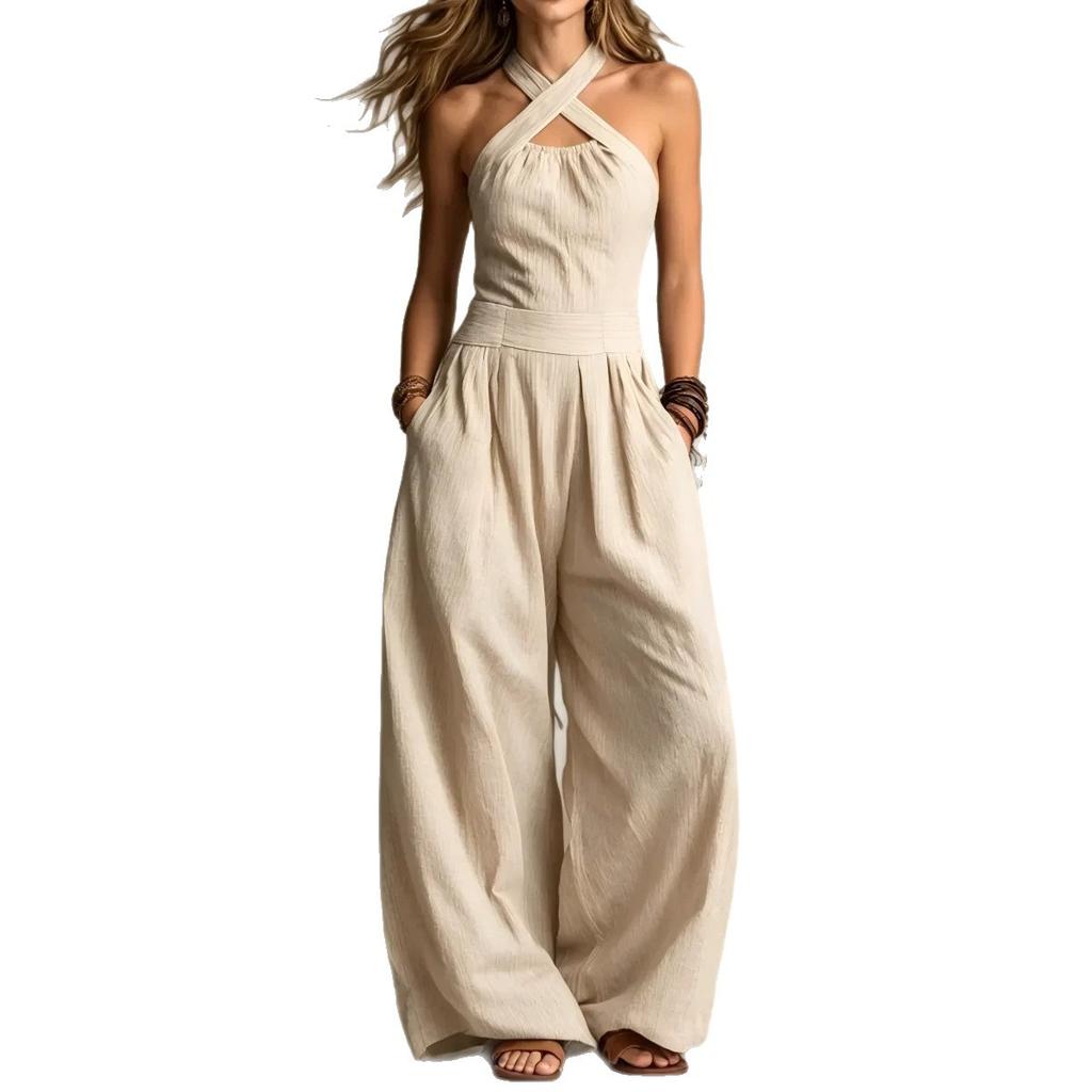 2026 summer new neck cross jumpsuit, European and American style waist back wide-leg pants, cross-border women's clothing