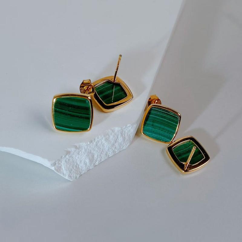 925 Sterling Silver Women Geometric Gold Plated Stud Earrings Malachite  Natural Stones  Elegant Jewelry Bijoux Wholesale