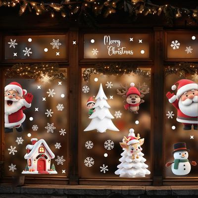 Christmas Cartoon Window Stickers Xmas Santa Claus Snowman Elk Snowflake Window Glass Static Stickers Merry Christmas Decors