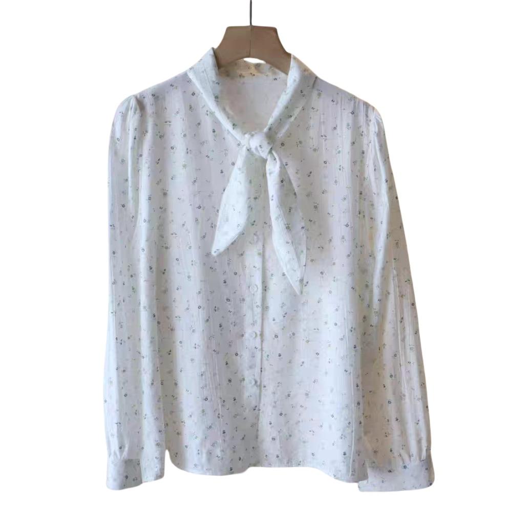 

Bow Tie Long Sleeve Shirts Sweet Floral Baggy Shirts Fashion Blouses for Women Office S белый