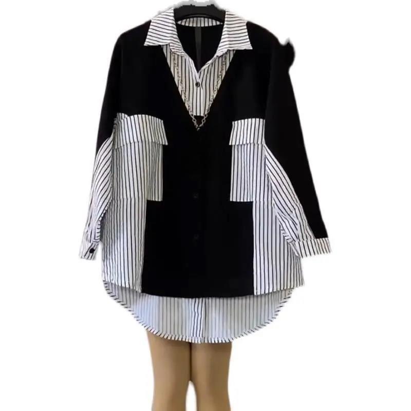 Women's Fashionable Korean Striped Patchwork Shirt Long Sleeve Blouse Casual Versatile Loose Single Breasted Women's Clothing