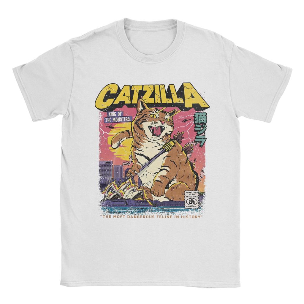 Catzilla Men's T Shirts  Novelty Tee Shirt Short Sleeve Crewneck T-Shirt Pure Cotton Birthday Gift Clothes