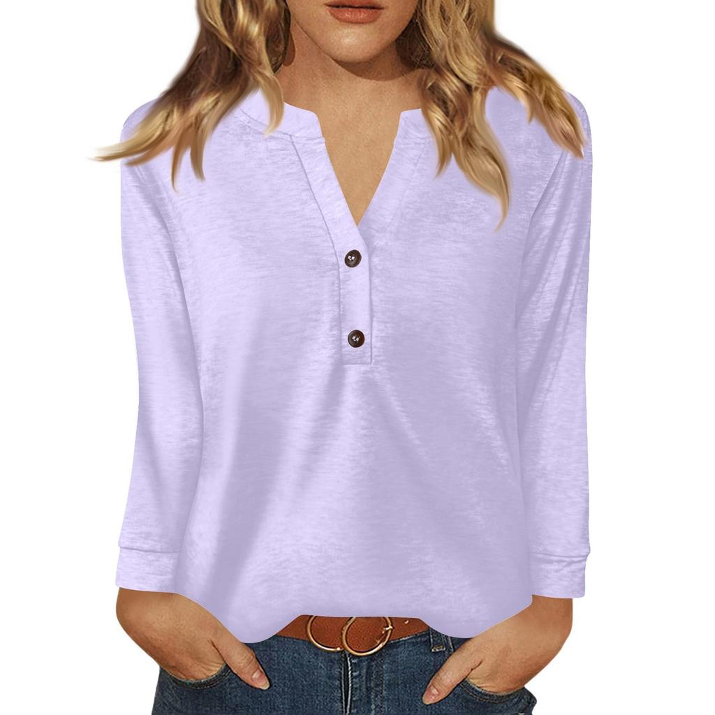 Women's T Shirt Solid Color Button Long Sleeve Daily Weekend Fashion Basic V- Neck Regular Top