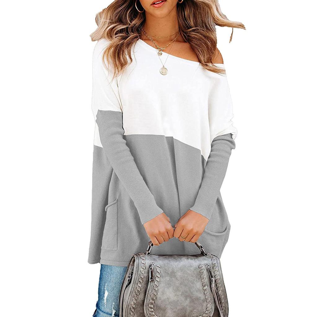 Women’s Causal Loose Pockets Sweater Color Block Knit Pullover Off Shoulder Tops