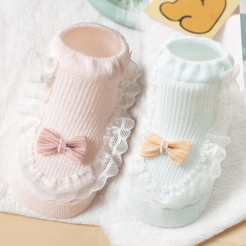 2 Paar/Set Baby Schleifen Socken Für Mädchen Baumwolle Spitze Socken Säugling Mädchen Kinder Socke Freizeit Weich Sommer Kleinkind Neugeborenen Socken Für Kinder