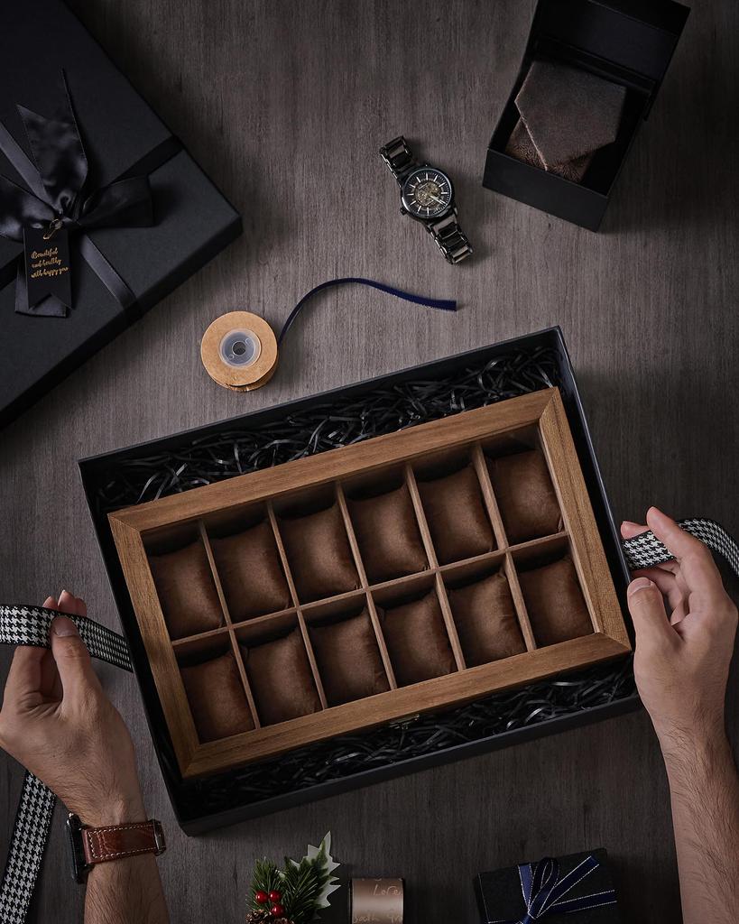 SONGMICS Watch 12 Kolekcja zegarków z drewna z przezroczystym akcesorium do zegarka Prezent na urodziny i dzień JOW120K01 Etui, części, przechowywanie, etui,