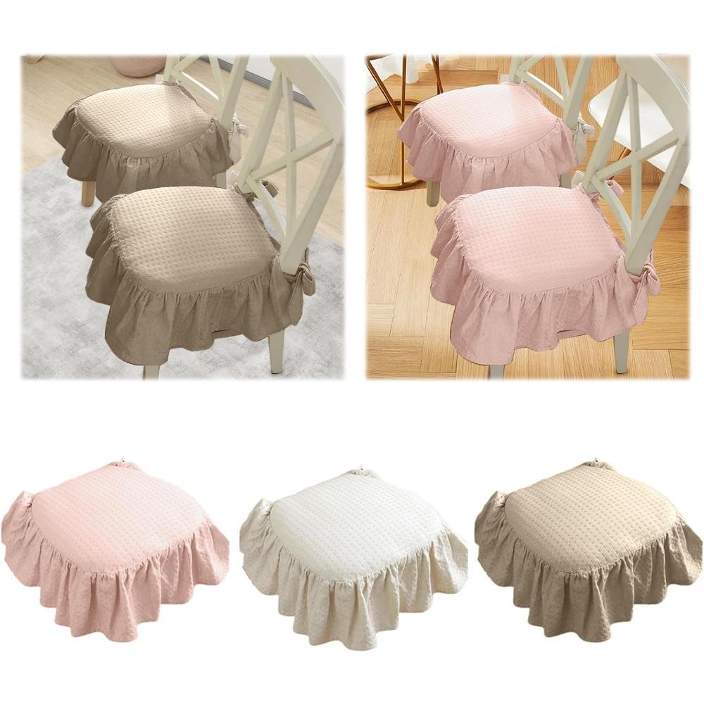 French Cotton Simple Seat Cushion,Fabric Not-Slip Soft Chair Pad, Ruffled Skirt Seat Cover, Soft Ruffled Design & Cotton Fill