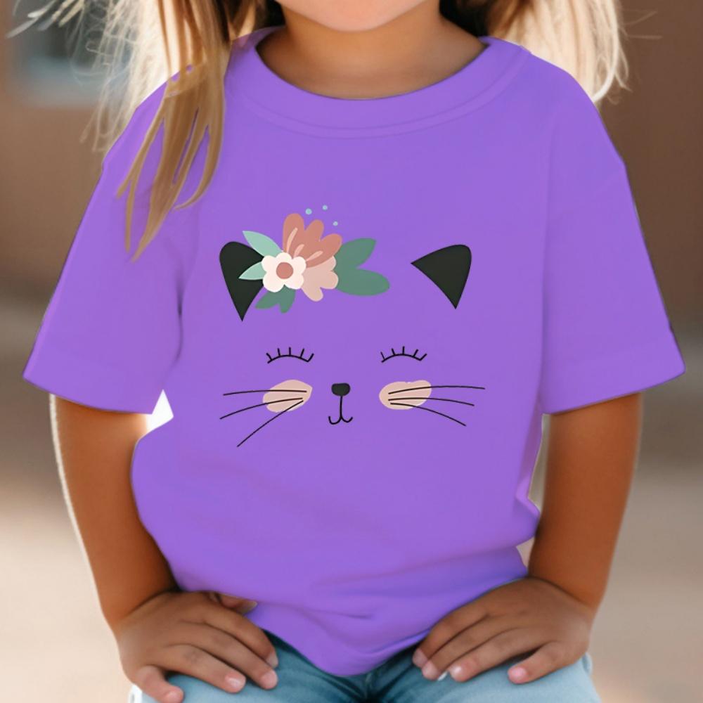 Kawaii Kočičí Topy Letní Dívčí Tričko s O-výstřihem Dívčí Módní Oblečení Dětské Tričko Kreslené Polyesterové Základní Dívčí Oblečení