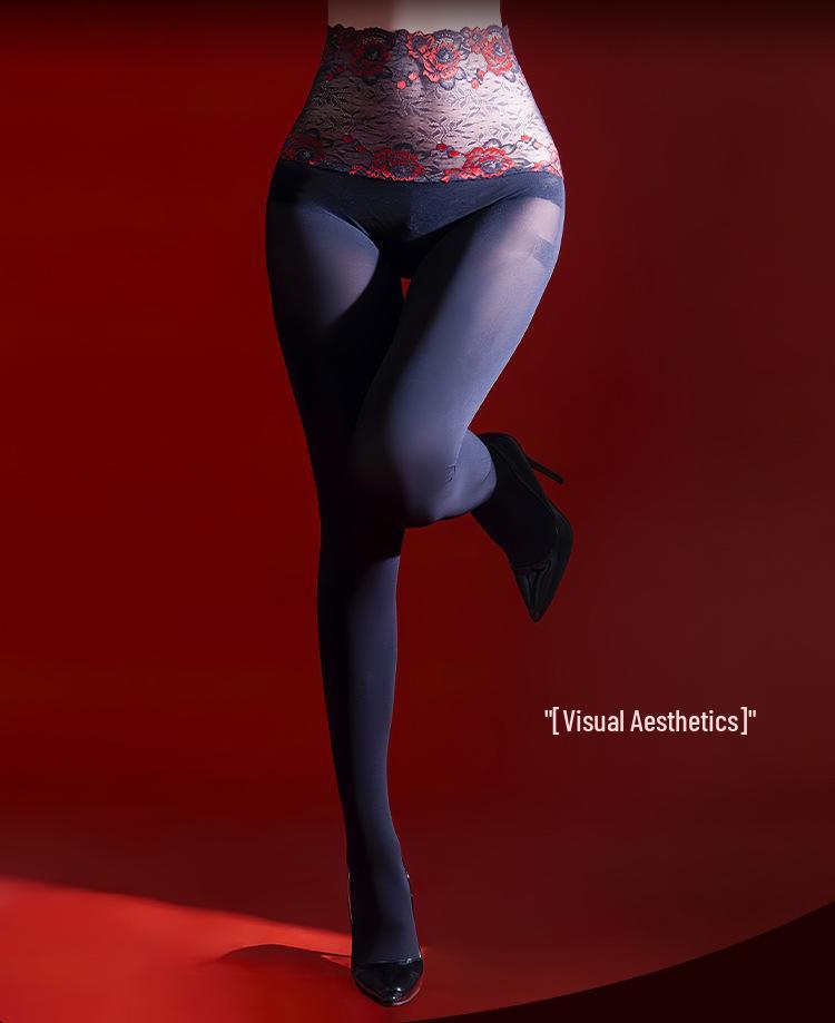 High-Waisted Lace Seamless Velvet Plus Size 120D Lycra Black Silk Butt-Lifting Tights