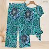 Women Plus Size Round Neck Short Sleeve Knot Hem Red White Striped Printed Two Piece Pants Set