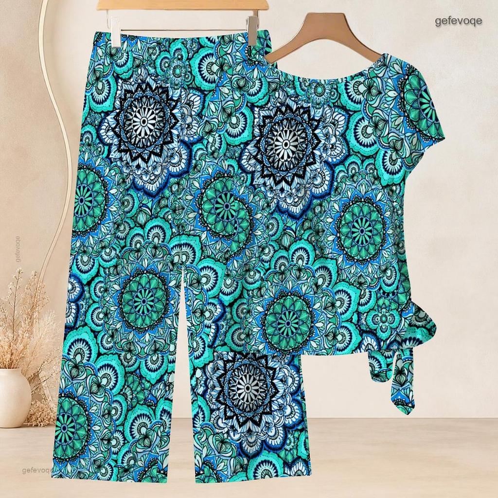 Women Plus Size Round Neck Short Sleeve Knot Hem Red White Striped Printed Two Piece Pants Set